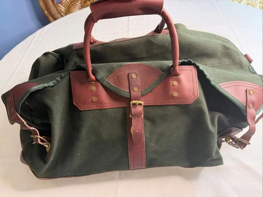 Vintage Orvis Battenkill Green Canvas Leather Duffel Weekender Travel Bag